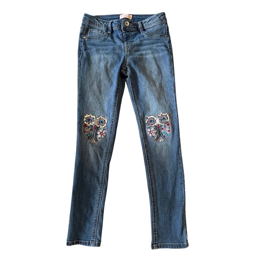 Girls size 10 Embroidered Sequin Owl Denim Jeans Squeeze Brand Y2K Inspired